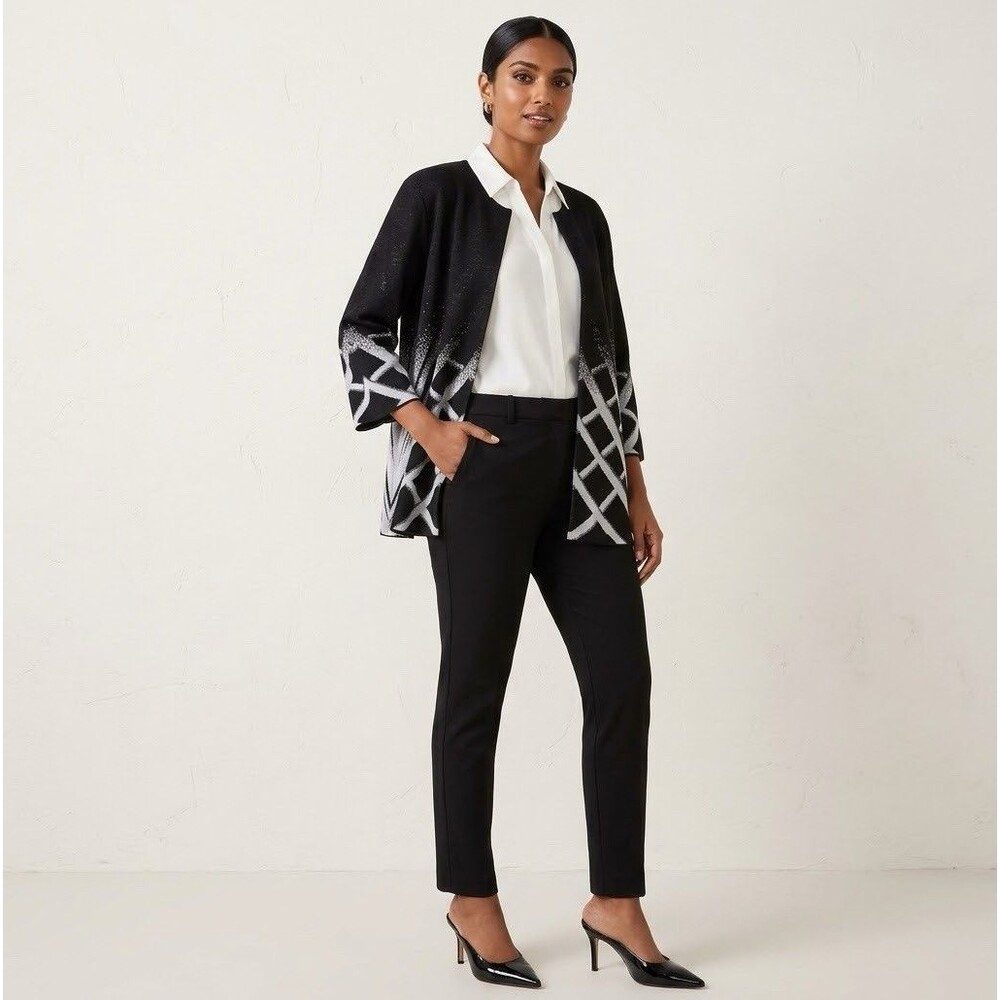 Ming Wang Cardigan Jacket XL Black Silver Metallic Geometric Knit Evening Party